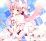  1girl bow_(weapon) choker collarbone dress gloves goddess_madoka hair_bobbles hair_ornament kaname_madoka looking_at_viewer mahou_shoujo_madoka_magica pen-zin petals pink_hair pink_legwear pink_wings short_sleeves solo thigh-highs tile_background two_side_up v_arms weapon white_dress white_gloves wide_sleeves wings yellow_eyes zettai_ryouiki 