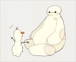  ayu_(mog) baymax big_hero_6 carrot company_connection crossover disney frozen_(disney) olaf_(frozen) open_mouth simple_background sitting snowman 