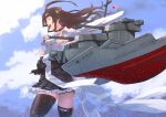  1girl aa_gun bare_shoulders black_legwear blouse blue_sky brown_hair clouds detached_sleeves double_bun gun hair_ornament hairband headgear jack_hamster japanese_clothes kantai_collection kongou_(kantai_collection) long_hair nontraditional_miko open_mouth skirt sky smile solo thigh-highs turret weapon 