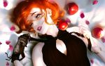  absurdres apple blue_eyes cleavage_cutout food fruit highres lipstick makeup original petals redhead rukiana 