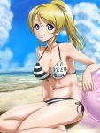  1girl ayase_eli ball beach beachball bikini blonde_hair blue_eyes breasts highres love_live!_school_idol_project ocean ponytail rasukaru short_hair side-tie_bikini smile striped striped_bikini striped_swimsuit swimsuit 