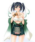  1girl bare_shoulders black_hair blush breasts budget_sarashi flight_deck green_eyes hands_on_own_chest headband highres japanese_clothes kaminagi_(kaminagi-tei) kantai_collection looking_at_viewer sarashi short_hair short_twintails skirt solo souryuu_(kantai_collection) twintails 