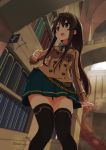  &gt;:o 1girl :o absurdres black_legwear blurry book brown_hair clenched_hand depth_of_field exrail green_eyes highres library long_hair open_mouth original pleated_skirt school_uniform skirt solo thigh-highs zettai_ryouiki 