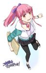  1girl braid breasts character_request cleavage from_above hair_ribbon hood_down hoodie leggings musashimaru open_clothes open_hoodie pink_hair ponytail ribbon running shoes side_braid skirt sneakers solo spandex yellow_eyes 