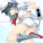  1girl artist_name ass black_hair blue_eyes boots cannon eyepatch grin hat kantai_collection kiso_(kantai_collection) long_hair looking_back puffy_short_sleeves puffy_sleeves sailor_collar school_uniform serafuku short_sleeves skirt smile solo sts text torn_clothes torn_hat twitter_username water wet white_skirt 