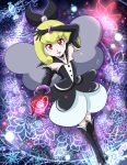  1girl arm_up armpits black_gloves blonde_hair boots bow broken_heart choker dress elbow_gloves facial_mark fighiro floral_background gloves hair_bow happinesscharge_precure! highres knee_boots precure purple_background queen_mirage red_eyes short_hair smile solo standing tattoo 