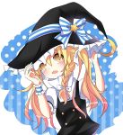  1girl adjusting_headwear blonde_hair blush bow crescent d: dress hat hat_bow hoxi kirisame_marisa open_mouth popped_collar shy solo star touhou turtleneck wavy_mouth witch_hat wrist_cuffs yellow_eyes 