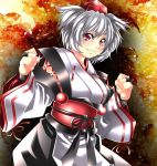  1girl animal_ears blush breasts detached_sleeves fang fingerless_gloves gloves hat japanese_clothes kourindou_tengu_costume looking_at_viewer red_eyes short_hair silver_hair smile solo tokin_hat touhou wolf_ears yoiti 