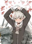  1girl amatsukaze_(kantai_collection) arms_up blush brown_eyes hands_on_headwear kantai_collection long_hair rensouhou-kun school_uniform silver_hair steam tears twintails wavy_mouth youkan 