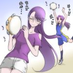  2girls blue_background blush closed_eyes color_connection crossover embarrassed eyelashes female gacchahero glasses gradient gradient_background hair_ornament hairclip happinesscharge_precure! heartcatch_precure! hikawa_iona instrument long_hair multiple_girls playing_instrument precure purple_hair purple_shirt shirt shoes shorts socks standing tambourine translated tsukikage_yuri violet_eyes white_background yellow_background 