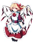  1girl alternate_costume apron bikini black_legwear blonde_hair corset demon_girl demon_tail enmaided flandre_scarlet hair_bobbles hair_ornament highres looking_at_viewer maid maid_apron maid_headdress pink_eyes puffy_short_sleeves puffy_sleeves satou_(3366_s) shirt short_sleeves side-tie_bikini side_ponytail simple_background skirt solo swimsuit tail thigh-highs touhou white_background wings wrist_cuffs zettai_ryouiki 