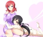  2girls :&lt; :d black_hair bottomless hair_grab hug long_hair love_live!_school_idol_project lying multiple_girls nishikino_maki open_mouth ponytail red_eyes redhead short_hair sitting smile tachibana_akatsuki thigh-highs violet_eyes white_legwear yazawa_nico 