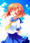  1girl ^_^ blush closed_eyes female higurashi_no_naku_koro_ni open_mouth orange_hair ryuuguu_rena sakurazawa_izumi school_uniform serafuku smile solo 