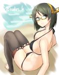  1girl bikini black_bikini black_eyes black_hair black_legwear glasses green-framed_glasses headgear kantai_collection kirishima_(kantai_collection) semi-rimless_glasses short_hair sitting solo spitfire99 swimsuit thigh-highs twitter_username under-rim_glasses 