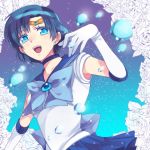  1girl :d artist_request bangs bishoujo_senshi_sailor_moon blue blue_eyes blue_hair blue_skirt bow brooch circlet ear_studs earrings elbow_gloves flower gloves jewelry looking_down mizuno_ami open_mouth parted_bangs rose sailor_collar sailor_mercury short_hair skirt smile sparkle water white_gloves white_rose 