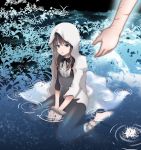  akemi_homura alternate_eye_color barefoot black_hair blanket blue_eyes chain cuts dress feet_in_water flower funeral_dress injury long_hair looking_at_another looking_up mahou_shoujo_madoka_magica mahou_shoujo_madoka_magica_movie out_of_frame outstretched_arm soaking_feet spoilers stocks susisasimi water 