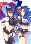  2girls alternate_costume artist_request bare_shoulders black_hair black_legwear breasts detached_sleeves eyepatch gloves halo hand_on_hip kantai_collection large_breasts leg_garter midriff multiple_girls navel purple_hair racequeen short_shorts shorts skirt tatsuta_(kantai_collection) tenryuu_(kantai_collection) thighhighs umbrella violet_eyes yellow_eyes 