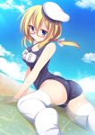  1girl blonde_hair blue_eyes breasts glasses hat i-8_(kantai_collection) kantai_collection ocean red-framed_glasses school_swimsuit semi-rimless_glasses short_hair smile snow_(gi66gotyo) solo swimsuit thigh-highs under-rim_glasses water wet white_legwear 