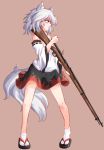  1girl animal_ears bare_shoulders detached_sleeves gun hat highres inubashiri_momiji looking_away nama_shirasu pom_pom_(clothes) profile rifle short_hair silver_hair simple_background solo tail touhou weapon wolf_ears wolf_tail yellow_eyes 