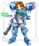  1girl black_legwear black_swimsuit brown_eyes brown_hair crotch_plate densou_tenshi_valforce full_body gatling_gun gun hand_on_hip headgear highres karukan_(monjya) mecha_musume mechanical_arms missile one-piece_swimsuit short_hair smile solo standing swimsuit thigh-highs translation_request tsukikage_ayaka weapon 