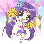  1girl cheerleader chibi endori flower green_eyes hair_flower hair_ornament long_hair love_live!_school_idol_project lowres open_mouth pom_poms purple_hair smile solo toujou_nozomi twintails 