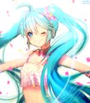  1girl 2014 ahoge aqua_eyes aqua_hair artist_name camisole collar dated grin hatsune_miku headphones long_hair midriff one_eye_closed outstretched_arms re:dial_(vocaloid) smile solo sorolp spread_arms twintails very_long_hair vocaloid white_background 