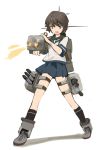  1girl black_legwear blue_skirt brown_eyes brown_hair cannon firing full_body kantai_collection kuuro_kuro leg_band miyuki_(kantai_collection) open_mouth pleated_skirt school_uniform serafuku shadow shoelaces shoes short_hair simple_background skirt solo strap white_background 