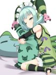  1girl astaroth_(p&amp;d) green_eyes green_hair hat one_eye_closed pajamas pillow pillow_hug pointy_ears puzzle_&amp;_dragons solo 