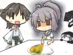  0_0 2girls ahoge aoba_(kantai_collection) blush_stickers brown_hair censored censored_food chibi commentary curry curry_rice detached_sleeves empty_eyes food gomasamune gradient gradient_background hair_ornament hairband hiei_(kantai_collection) hood kantai_collection multiple_girls nervous nontraditional_miko open_mouth plate ponytail purple_hair re-class_battleship revision school_uniform serafuku shinkaisei-kan short_hair silver_hair simple_background smile spoon sweat tagme tears violet_eyes wavy_mouth |_| 