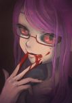  1girl black_sclera blood blood_on_face bust dress glasses kamishiro_rize long_hair purple_hair red_eyes semi-rimless_glasses solo tokyo_ghoul trico_hama under-rim_glasses 
