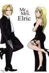  1boy 1girl blonde_hair blue_eyes braid crossed_arms dress edward_elric english formal fullmetal_alchemist garters high_heels highres long_hair manea_oana mr._and_mrs._smith parody smile smirk suit weapon white_background winry_rockbell wrench yellow_eyes 