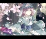  1girl butterfly cherry_blossoms fan folding_fan hat japanese_clothes obi petals pink_eyes pink_hair red_(girllove) revision ribbon saigyouji_yuyuko sash short_hair smile solo touhou tree triangular_headpiece wide_sleeves 