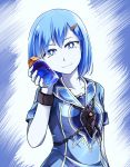  1girl blue_eyes blue_hair blue_skin chain female genderswap hair_ornament hairclip highres league_of_legends looking_at_viewer nam_(valckiry) potion short_hair smile solo wristband xerath 