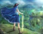 1girl bird blue_hair boots bow cliff clouds cloudy_sky facing_away food forest fruit full_body glint grass grin hat hinanawi_tenshi leaf legs_apart long_hair mountain nature peach red_eyes river satoji_(ochanomkmskry) scenery short_sleeves skirt sky smile solo standing sword_of_hisou tassel touhou very_long_hair water waterfall wind