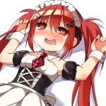  1girl bare_shoulders blush breath drooling lying maid maid_headdress mvv necktie on_back red_eyes redhead solo twintails wrist_cuffs 
