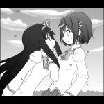  2girls akemi_homura black_hair blush bow eye_contact greyscale hair_bow hair_ornament hairclip hand_on_own_chin letterboxed long_hair looking_at_another mahou_shoujo_madoka_magica mahou_shoujo_madoka_magica_movie miki_sayaka monochrome multiple_girls school_uniform short_hair 