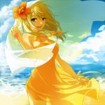  bare_shoulders beach blonde_hair dress fairy_tail lucy_heartfilia scarf short_hair sky summer yellow_eyes 