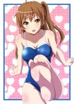  1girl :d barefoot brown_eyes brown_hair chuunibyou_demo_koi_ga_shitai! competition_school_swimsuit feet hair_ornament hairclip long_hair nibutani_shinka noa_p one-piece_swimsuit one_side_up open_mouth school_swimsuit side_ponytail smile soles solo swimsuit toes 