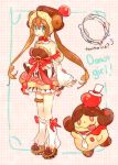  1girl alternate_costume blue_eyes blush brown_hair clothed_pokemon double_bun doughnut dress frilled_dress frills hat long_hair looking_at_viewer mei_(pokemon) namie-kun pokemon pokemon_(creature) pokemon_(game) pokemon_bw2 shiny_pokemon slurpuff smile tongue tongue_out twintails very_long_hair white_legwear 