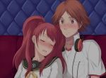  1boy 1girl blush brown_eyes brown_hair drooling drunk earrings hanamura_yousuke headphones headphones_around_neck jewelry kujikawa_rise long_hair mirakuru_naito persona persona_4 school_uniform serafuku short_hair sleeping sleeping_on_person sleeping_upright twintails 