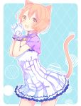  1girl animal_ears bell blue_background blush cat_ears cat_tail dress fang gloves highres hoshizora_rin kemonomimi_mode looking_at_viewer love_live!_school_idol_project nerunnn open_mouth short_hair solo tail white_gloves yellow_eyes 