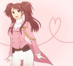  1girl brown_eyes brown_hair character_request coattails cosplay cravat earrings fingerless_gloves gloves jewelry kujikawa_rise long_hair mirakuru_naito open_mouth pants persona persona_4 persona_4:_dancing_all_night sakura_taisen shinguuji_sakura_(cosplay) smile solo twintails 