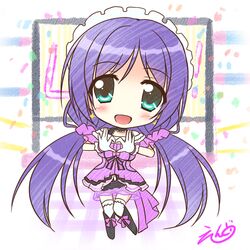  1girl chibi dress endori gloves green_eyes long_hair love_live!_school_idol_project lowres open_mouth purple_hair smile solo toujou_nozomi twintails 