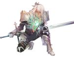  1boy armor balmung_(fate/apocrypha) dark_skin fate/apocrypha fate_(series) green_eyes heru_(goldprin) highres long_hair saber_of_black solo sword weapon 