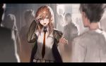  1boy 1girl blue_eyes blush brown_hair hand_on_own_head highres jacket letterboxed long_hair makise_kurisu necktie okabe_rintarou open_mouth pointing steins;gate twh_(artist) 