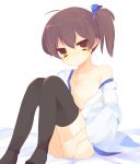  1girl breasts brown_eyes brown_hair covering covering_ass hair_ribbon highres japanese_clothes kaga_(kantai_collection) kantai_collection large_breasts looking_at_viewer off_shoulder open_clothes ribbon side_ponytail sitting smile solo tedamarutarou thigh-highs 