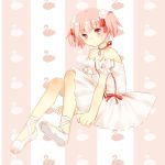  1girl ballet_slippers bare_shoulders detached_sleeves dress kaname_madoka looking_at_viewer mahou_shoujo_madoka_magica pink_eyes pink_hair puffy_detached_sleeves puffy_sleeves short_hair short_twintails solo twintails 