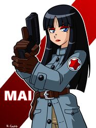  1girl bangs black_hair blue_eyes blunt_bangs character_name dragon_ball eyeshadow gloves gun lipstick long_hair mai_(dragon_ball) makeup older pistol robert_j_case solo trench_coat trigger_discipline uniform weapon 