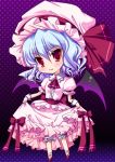  &gt;:) 1girl ascot bat_wings blue_eyes chibi fang hat hinata_momo looking_at_viewer lowres mob_cap red_eyes remilia_scarlet short_hair skirt skirt_lift smile solo touhou wings 