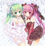  2girls :d beatmania beatmania_iidx bemani breasts cleavage detached_collar elbow_gloves frilled_skirt frills gloves green_eyes green_hair hair_ornament hinata_momo kitami_erika long_hair microphone_stand mizushiro_celica multiple_girls open_mouth purple_hair skirt smile twintails violet_eyes 